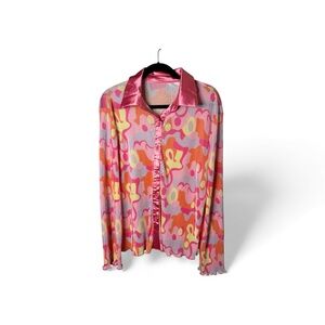 Shellsea Pink Orange Print Ribbed Button Front Blouse Size L